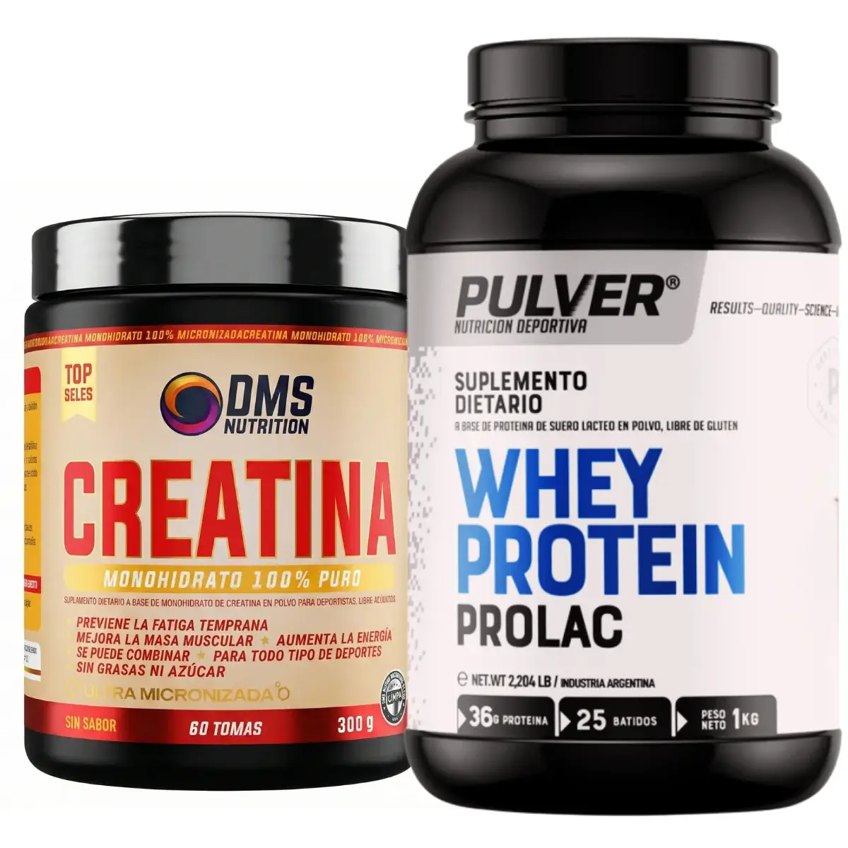 Creatina 300 grs DMS Sin Tacc + Proteína Prolac 1 kg de Pulver