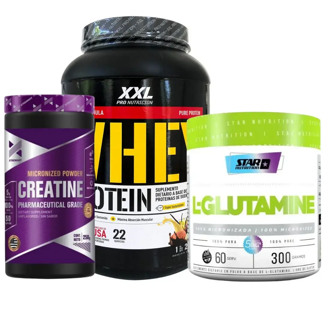 Combo Gimnasio 2: Creatina 250 grs Xtrenght + Proteina XXL Pro Nutrición + Glutamina 300 Star