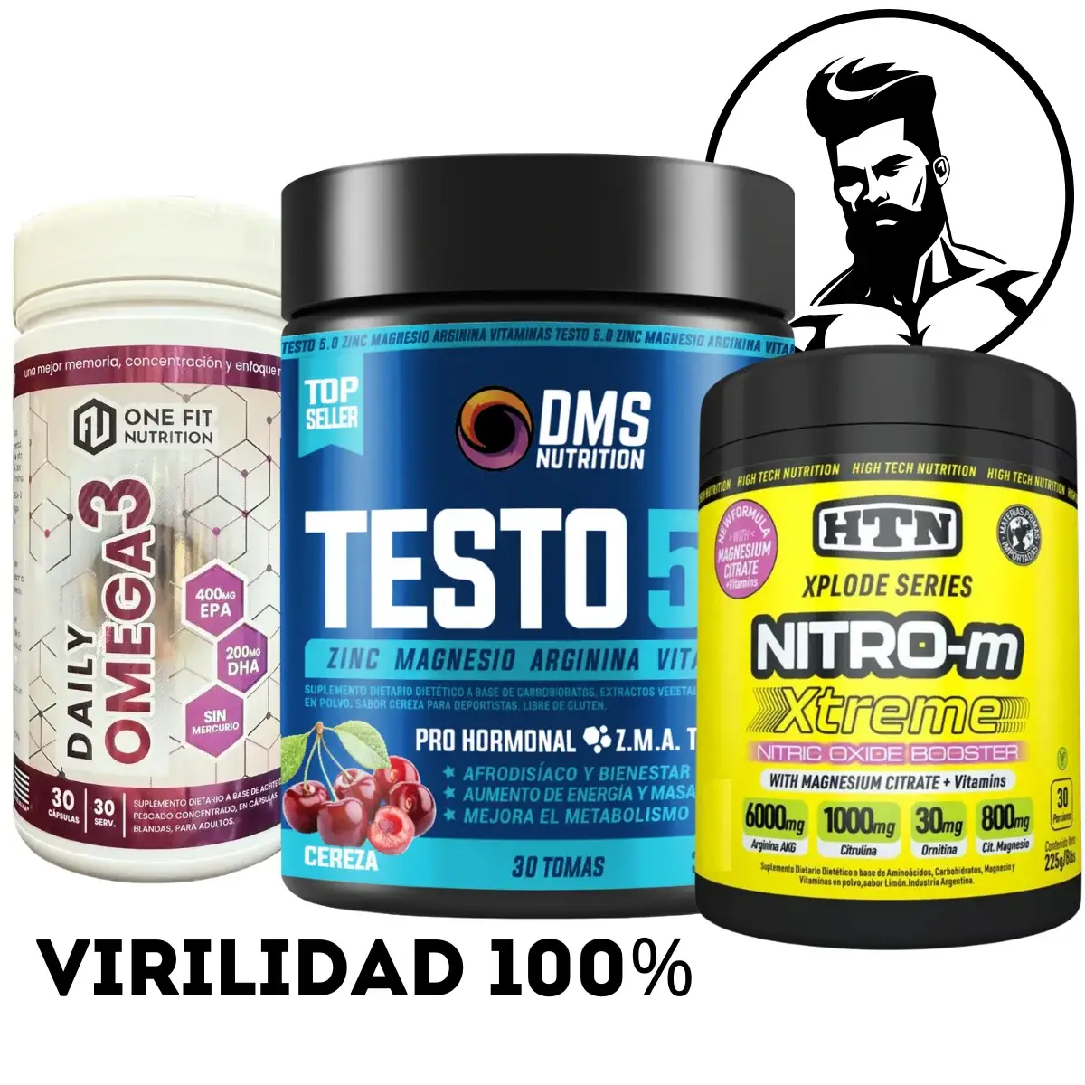 Testo 5.0 DMS + Nitro-M HTN + Omega 3 One Fit (Combo virilidad)