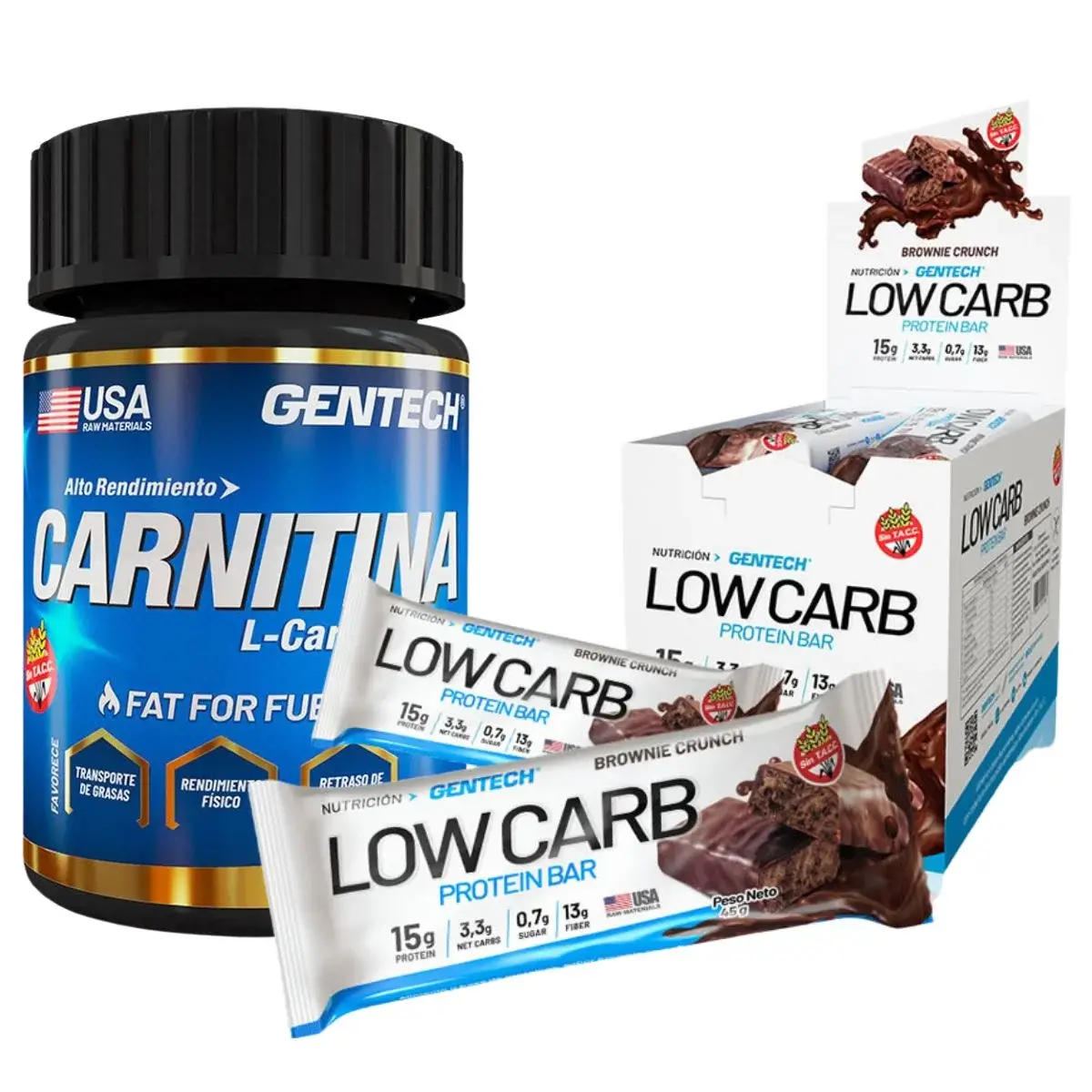 Carnitina x90 de Gentech Quemador de Grasas + Barras Low Carb x10 de Gentech