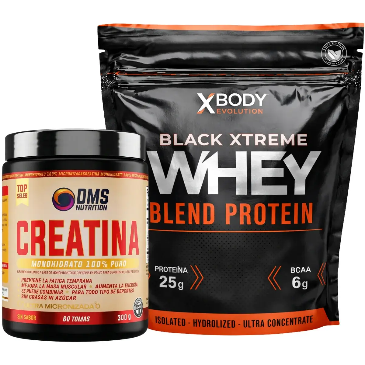 Creatina Monohidrato Micronizada 300 grs DMS Sin Tacc + Proteína Blend 2 lbs XBody