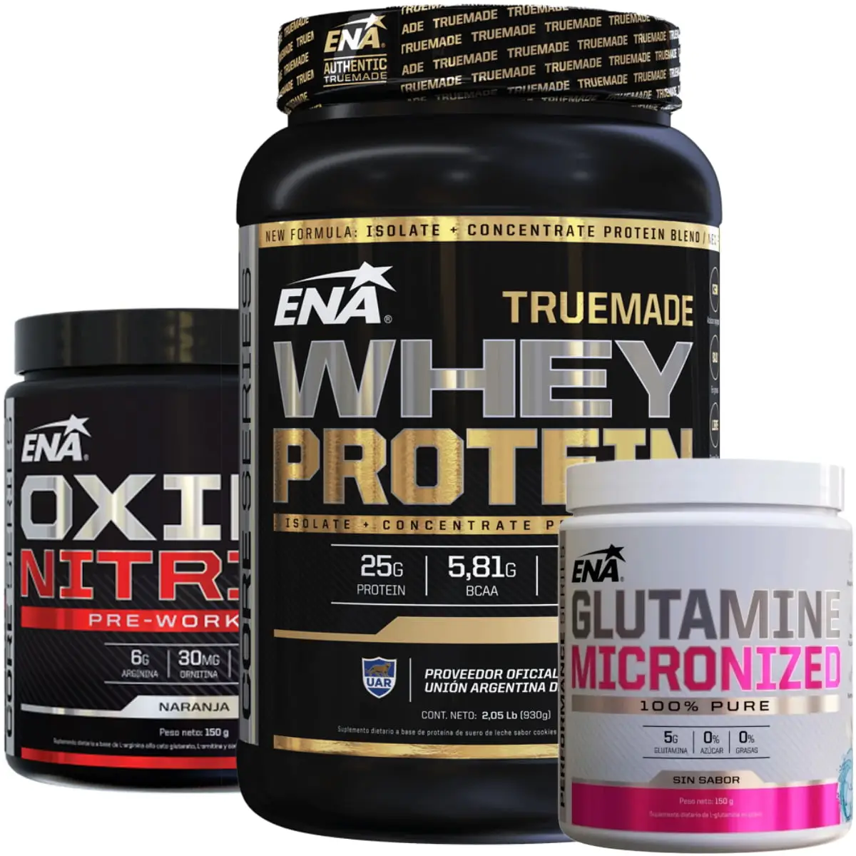 Glutamina 150 grs + Truemade 2 lbs Whey + Óxido Nítrico Ena Sport
