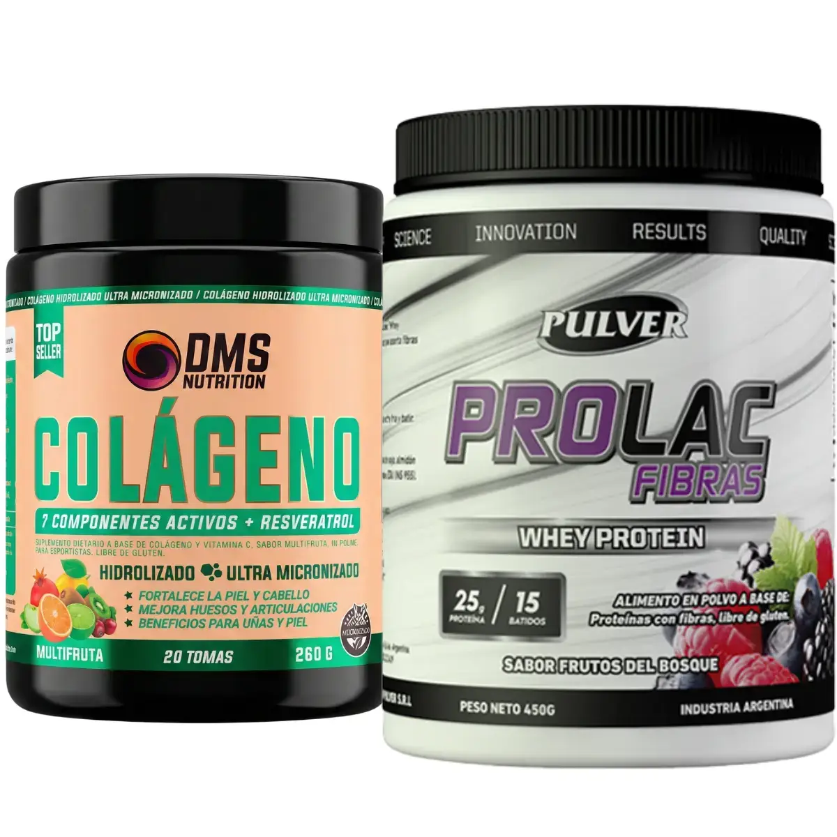 Colágeno DMS Sin Tacc con Q10 y Resveratrol + Whey Protein con Fibras Pulver - Combos