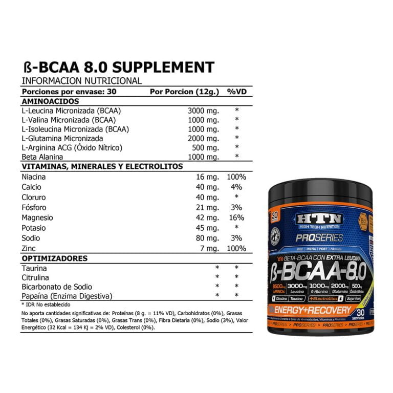 Información nutricional del Beta BCAA 8.0 de HTN x 360 grs