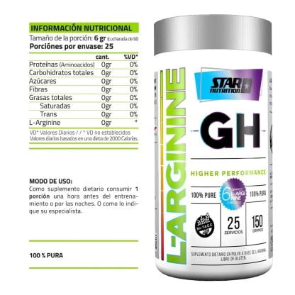 Arginina GH 150 grs de Star Nutrition Vasodilatador Óxido Nítrico