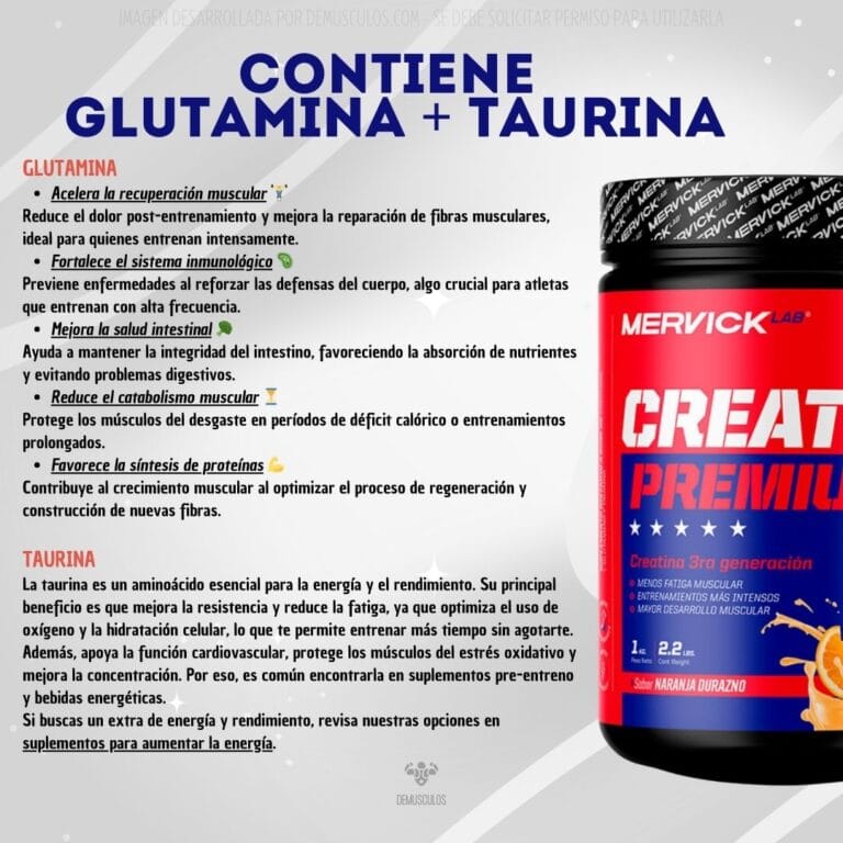 Creatina Premium 1 kg de Mervick. Detalle de la glutamina y la taurina.