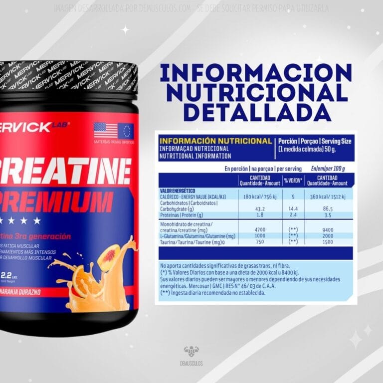 Creatina Premium 1 kg de Mervick. Informacion nutricional del envase.