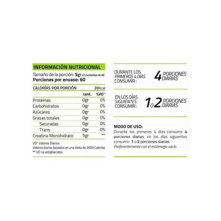 Información nutricional de la Creatina 300 g de Star Nutrition