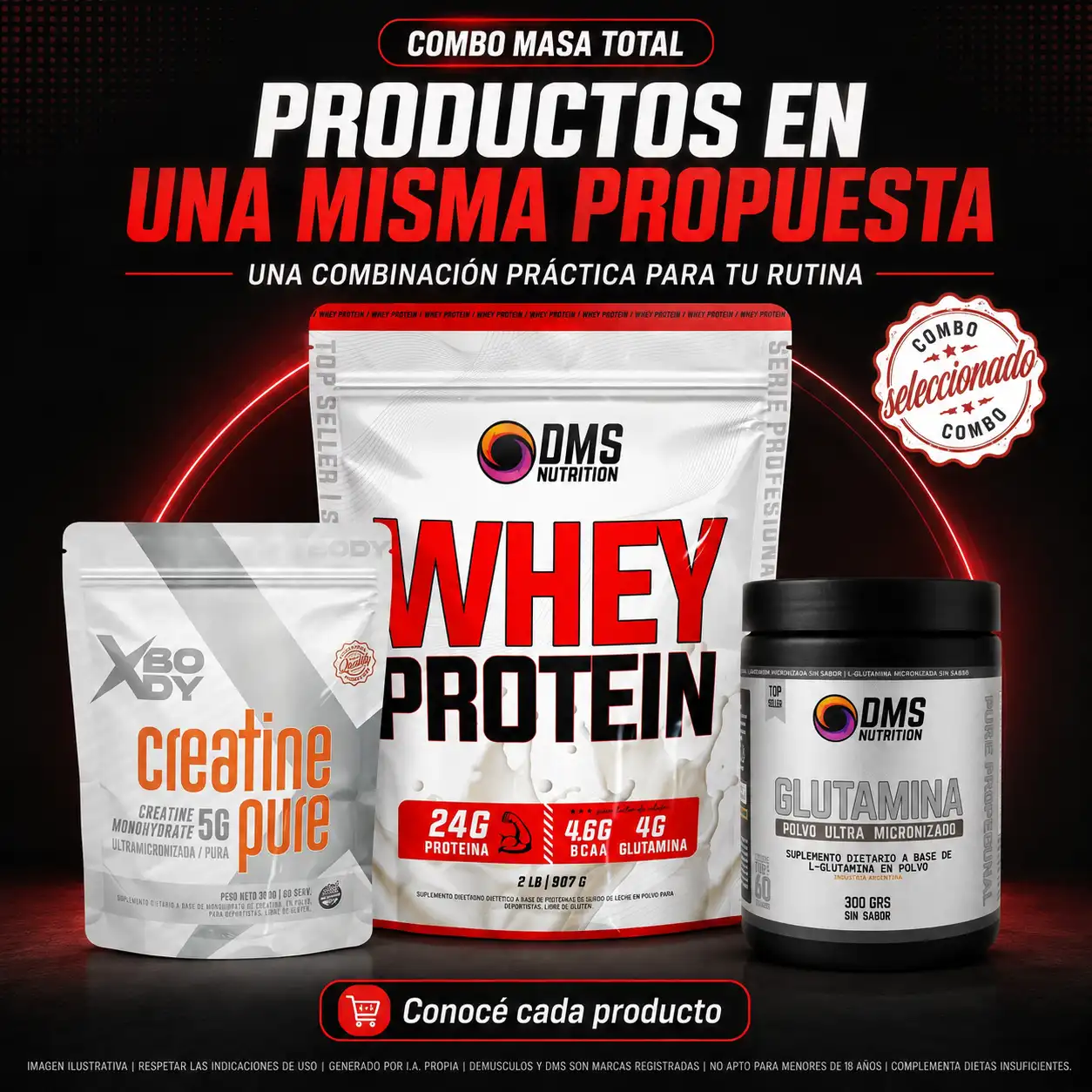 Combo de proteína DMS + Glutamian 300g + Creatina 300 grs