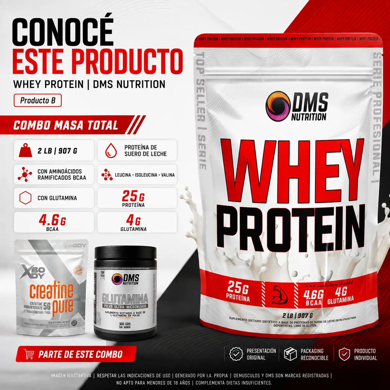Combo de proteína DMS + Glutamian 300g + Creatina 300 grs