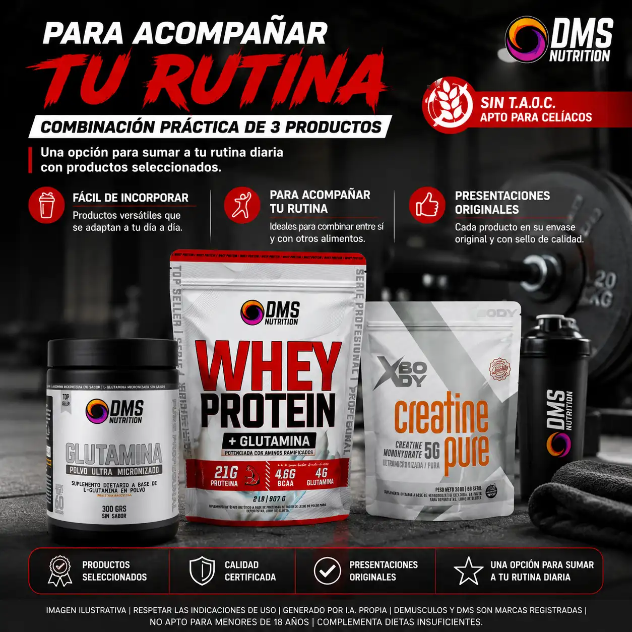Combo de proteína DMS + Glutamian 300g + Creatina 300 grs