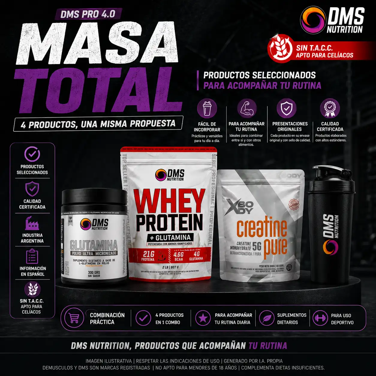 Combo de proteína DMS + Glutamian 300g + Creatina 300 grs