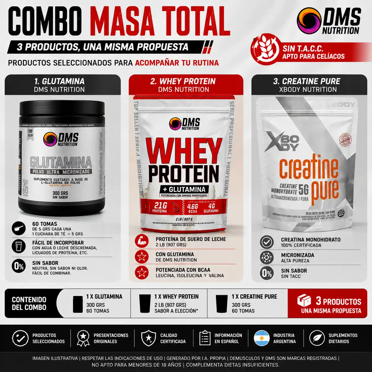 Combo de proteína DMS + Glutamian 300g + Creatina 300 grs