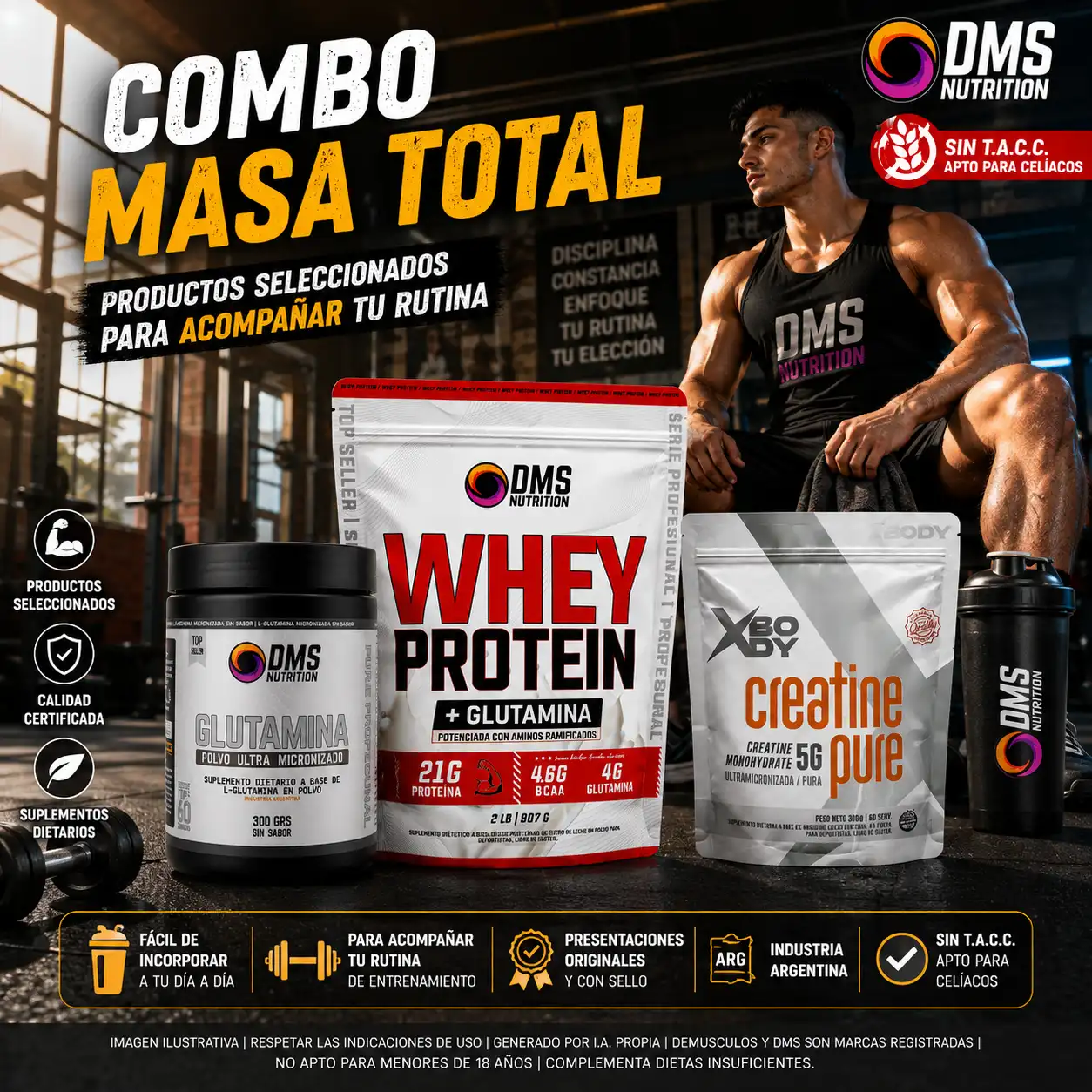 Combo de proteína DMS + Glutamian 300g + Creatina 300 grs