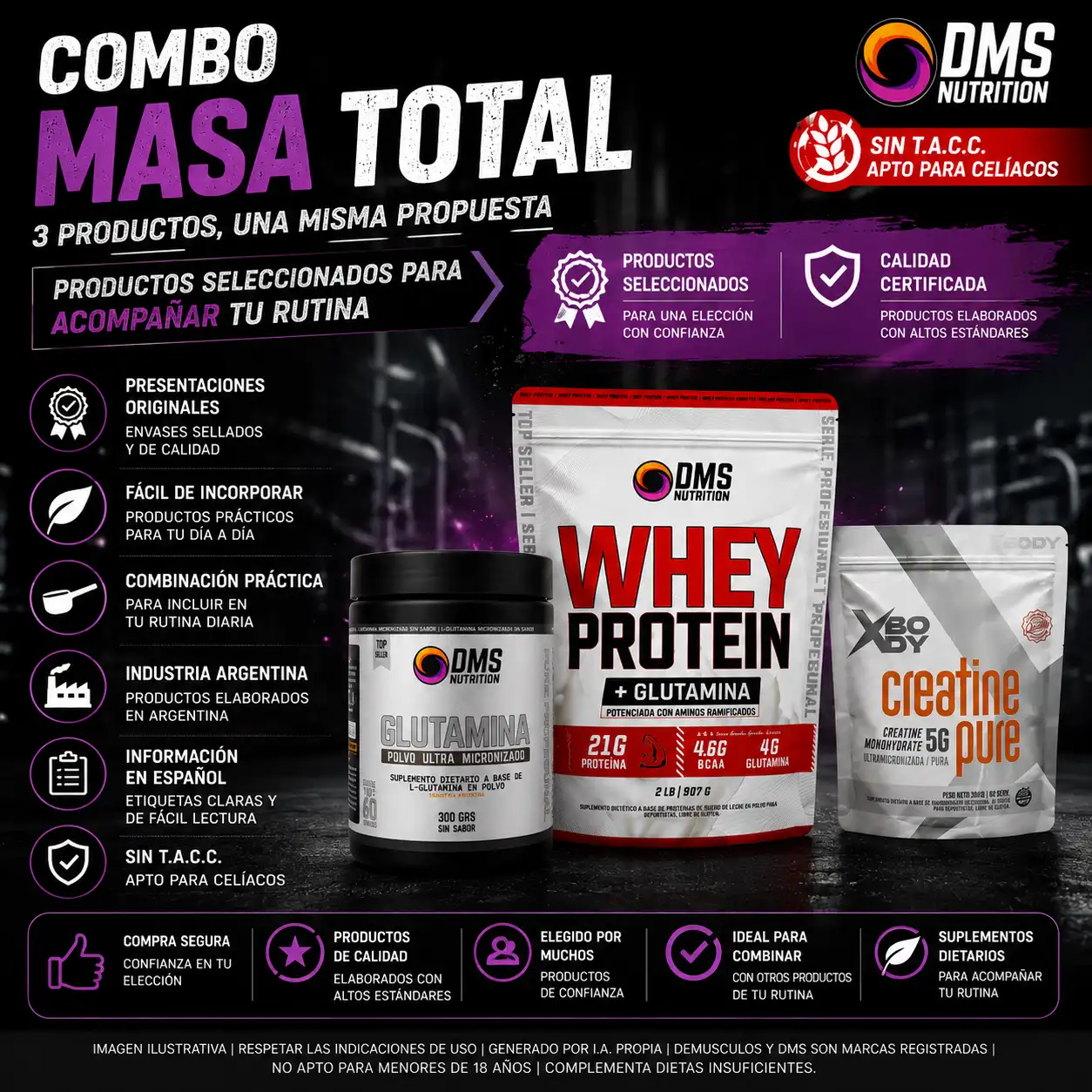 Combo de proteína DMS + Glutamian 300g + Creatina 300 grs