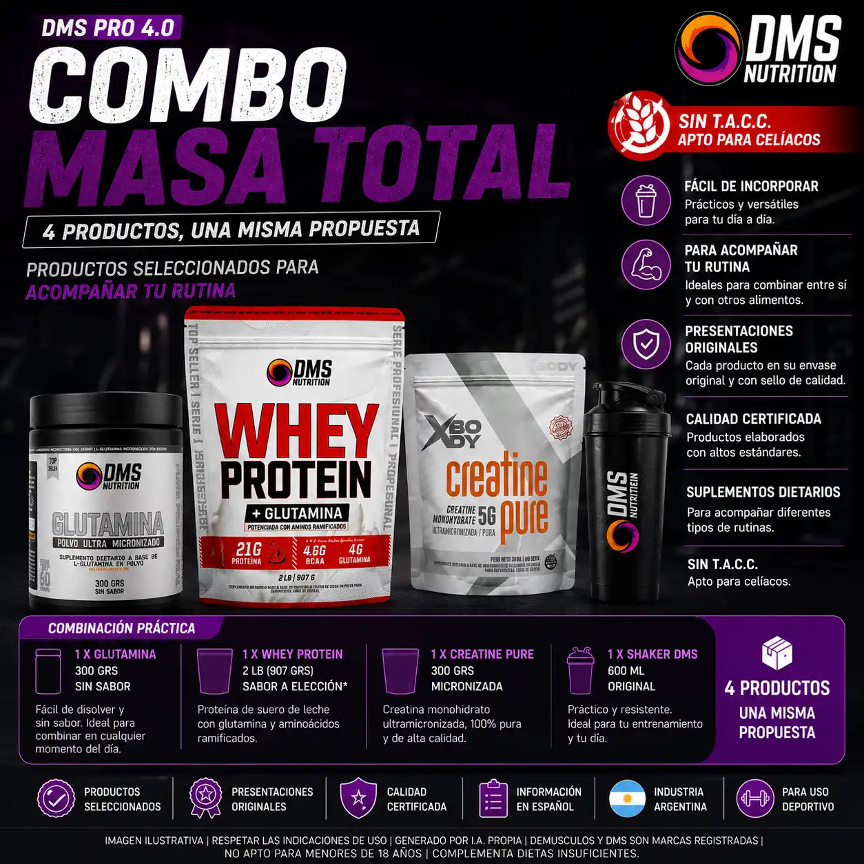 Combo de proteína DMS + Glutamian 300g + Creatina 300 grs
