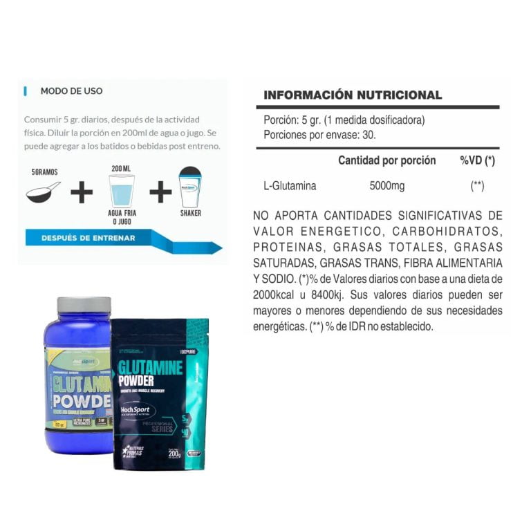 Glutamina 200 gramos de Hoch Sport, otra vista del envase
