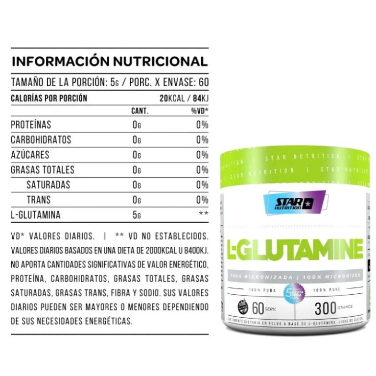 Glutamina de Star Nutrition 300 gramos, otra vista del envase
