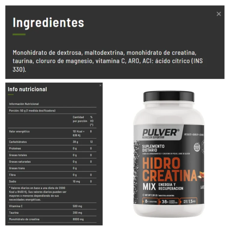 Información nutricional de la Hidro Creatina 1,5 kg de Pulver