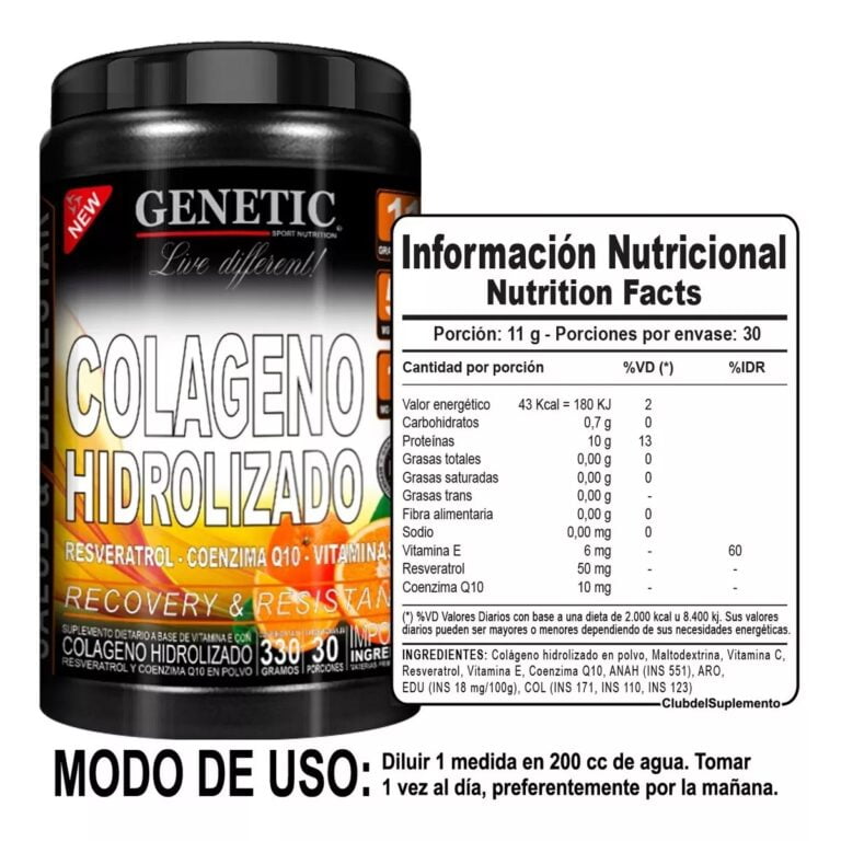 Informacion nutricional del Colageno Hidrolizado de Genetic Sport 330 g