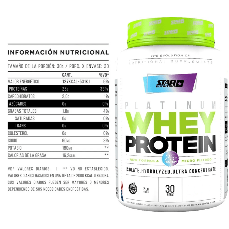 Información nutricional de la Platinum Whey de Star Nutrition