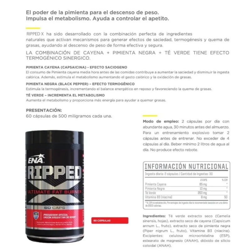 Quemador de Grasas Ripped X de Ena Sport x60 comprimidos - Imagen 2
