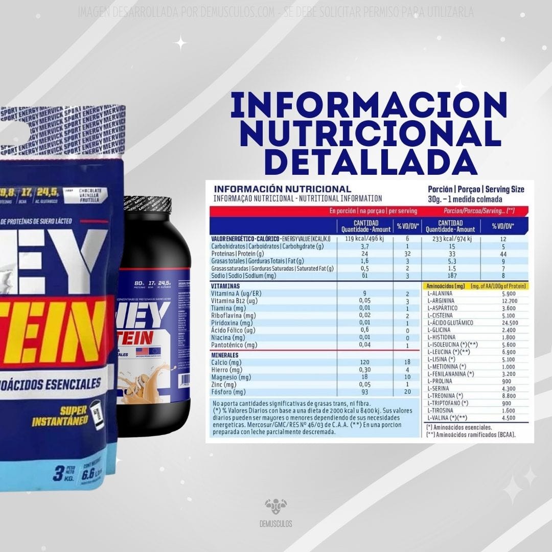 Whey Protein Mervick de 1 y 3 kg, Información nutricional.