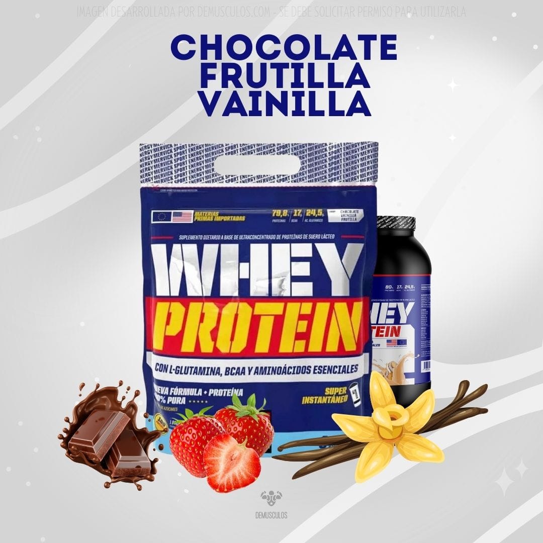 Whey Protein Mervick de 1 y 3 kg: Chocolate, Frutilla y Vainilla.