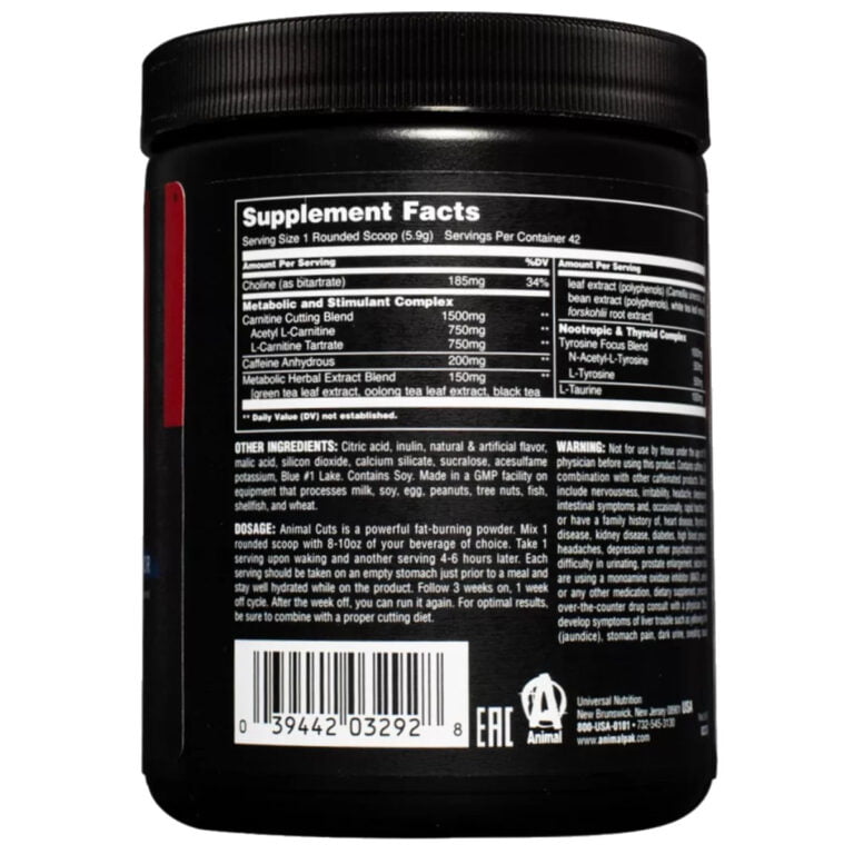 Información del envase de Animal Cuts en polvo de Universal Nutrition, 265 gramos, 42 tomas