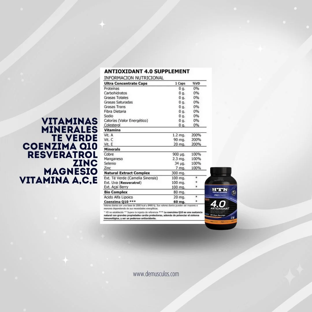 La formula de Antioxidant 4.0 de HTN se destaca por contener vitaminas, minerales, coenzima Q10 y resveratrol.