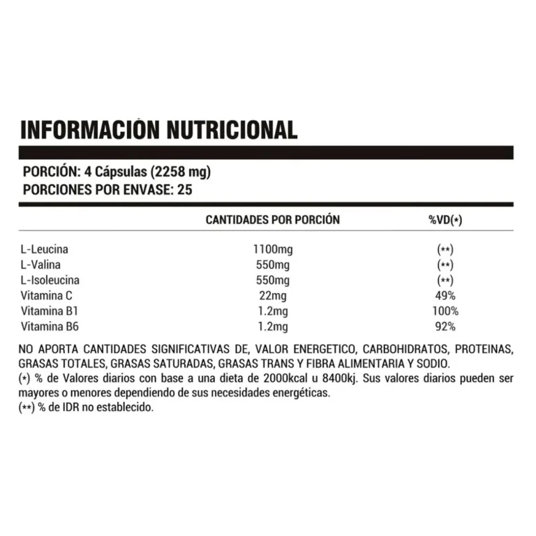 Información nutricional del BCAA 2200 de Hoch Sport x 100 cápsulas