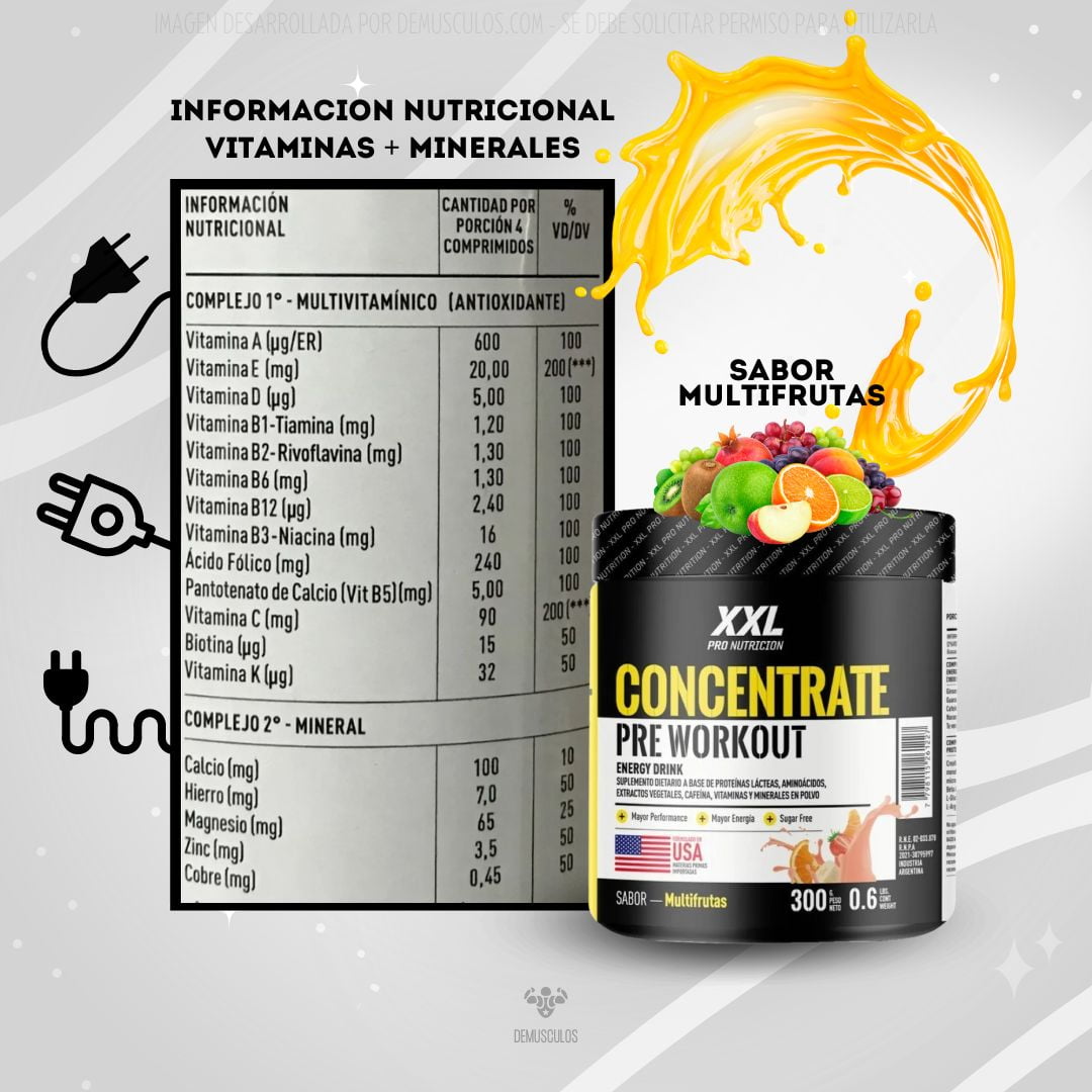 Información Nutriciónal La fórmula de Concentrate Pre Workout 300 grs de XXL Pro Nutrición