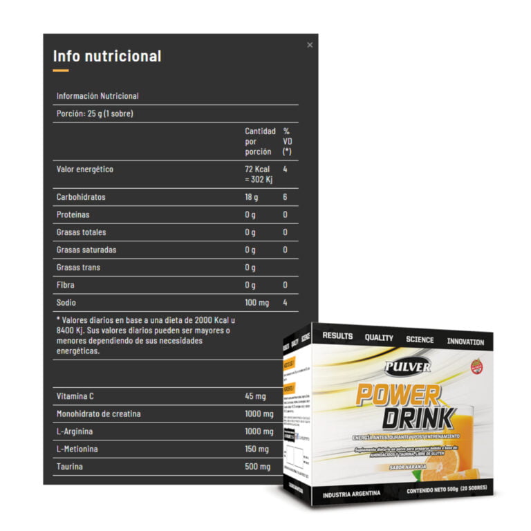 Informacion nutricional de Power Drink de Pulver