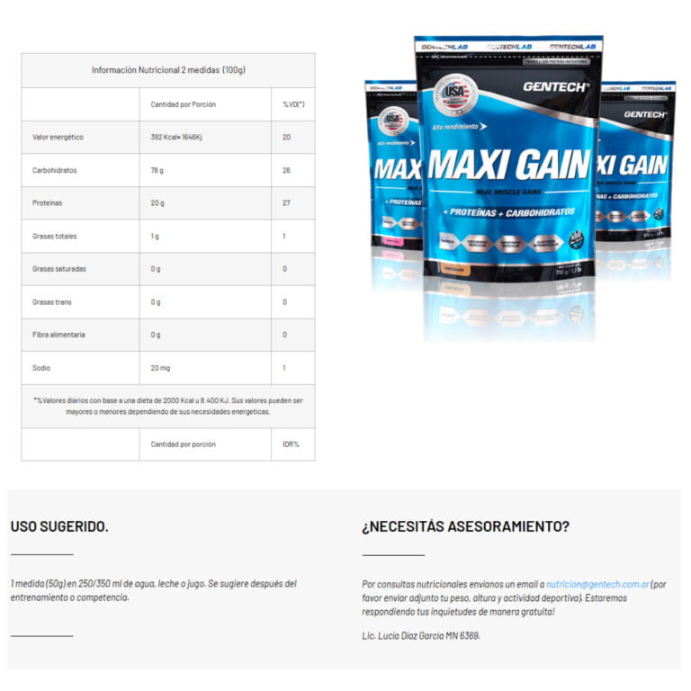 Maxi Gain 1,25 kg de Gentech, información del producto