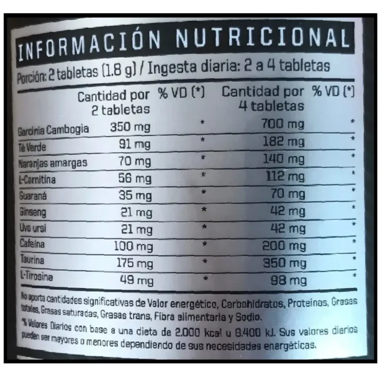 Información nutricional del Hydroxy Max Black de ENA Sport