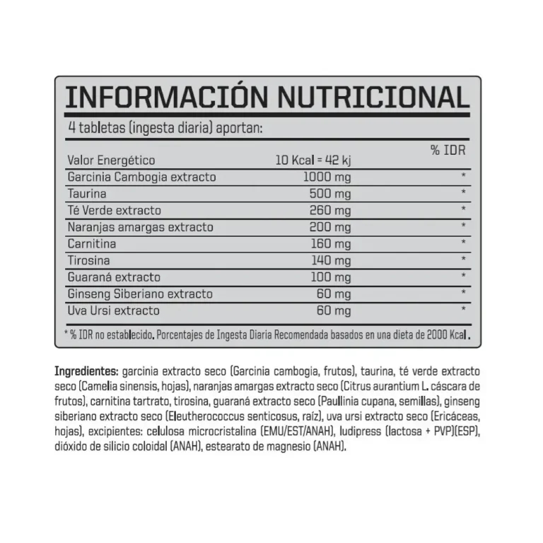 Información nutricional del Hydroxy Max Night de ENA Sport