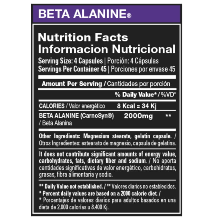 Información nutricional de la Beta Alanina de Xtrenght Nutrition