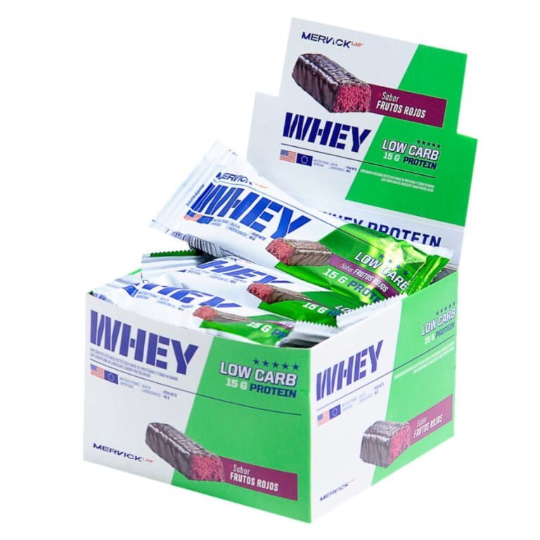 Barras Low Carb de Mervick sabor frutos rojos, caja de 12