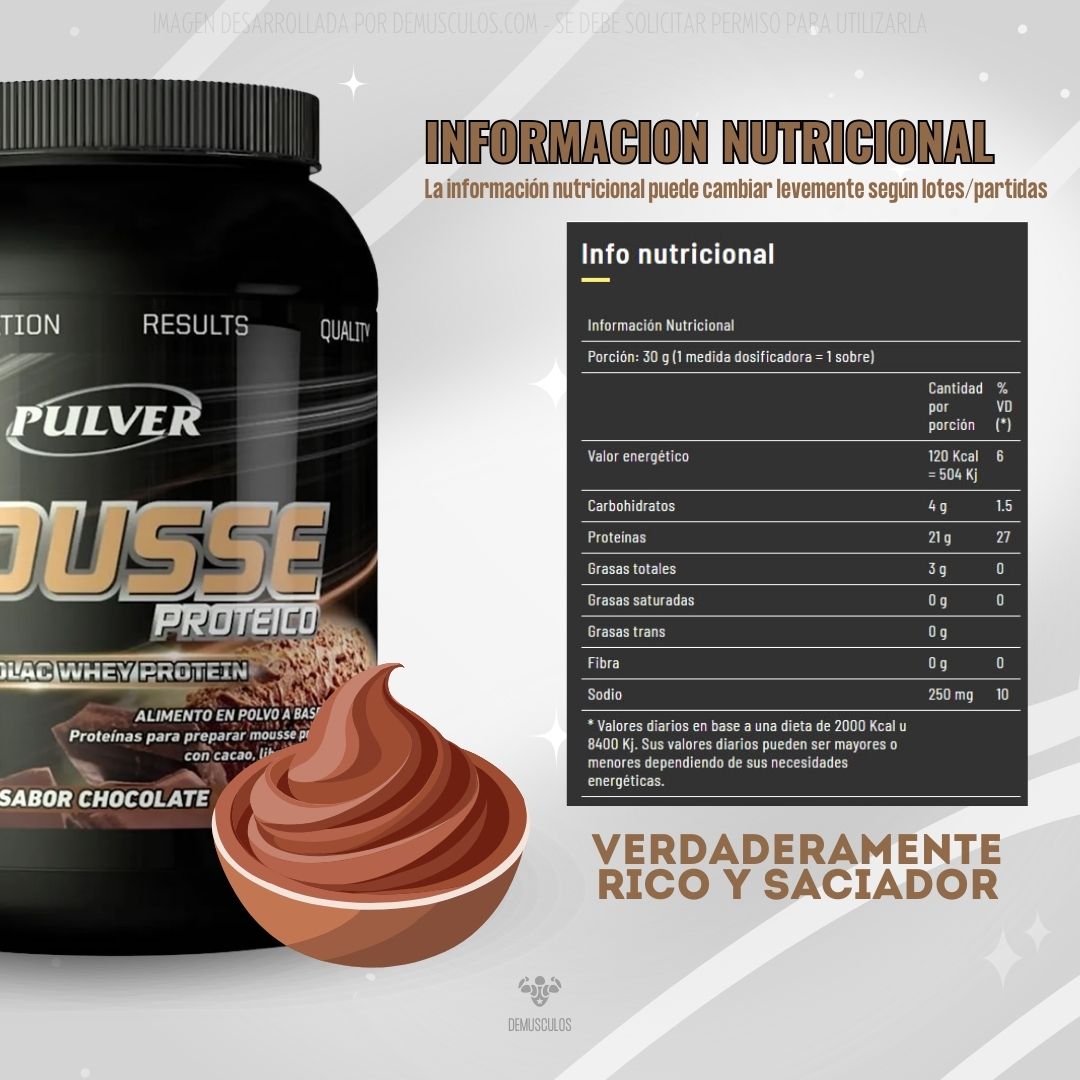 Información Nutricional: Postre Mousse Proteico de Pulver x 1 kg