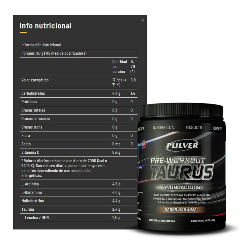 Amino Taurus 400 grs de Pulver. Información nutricional.