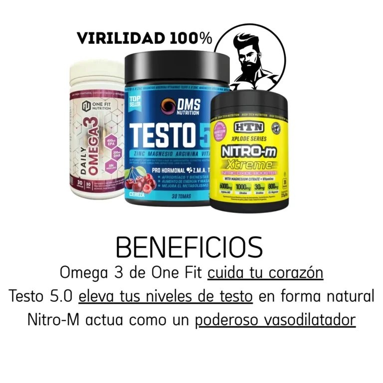 Combo con Testo 5.0 de DMS, Nitro-M de HTN y Omega 3 de One Fit