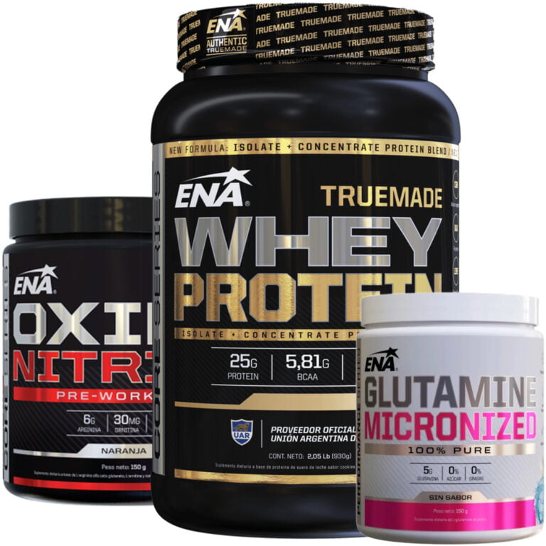 Combo de ENA Sport: Truemade Whey 2 lbs, Glutamina 150 g y Óxido Nítrico