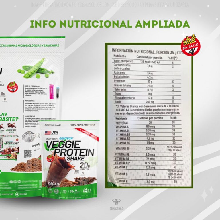 Informacion nutricional del Veggie Protein Shake de Gentech 500 g