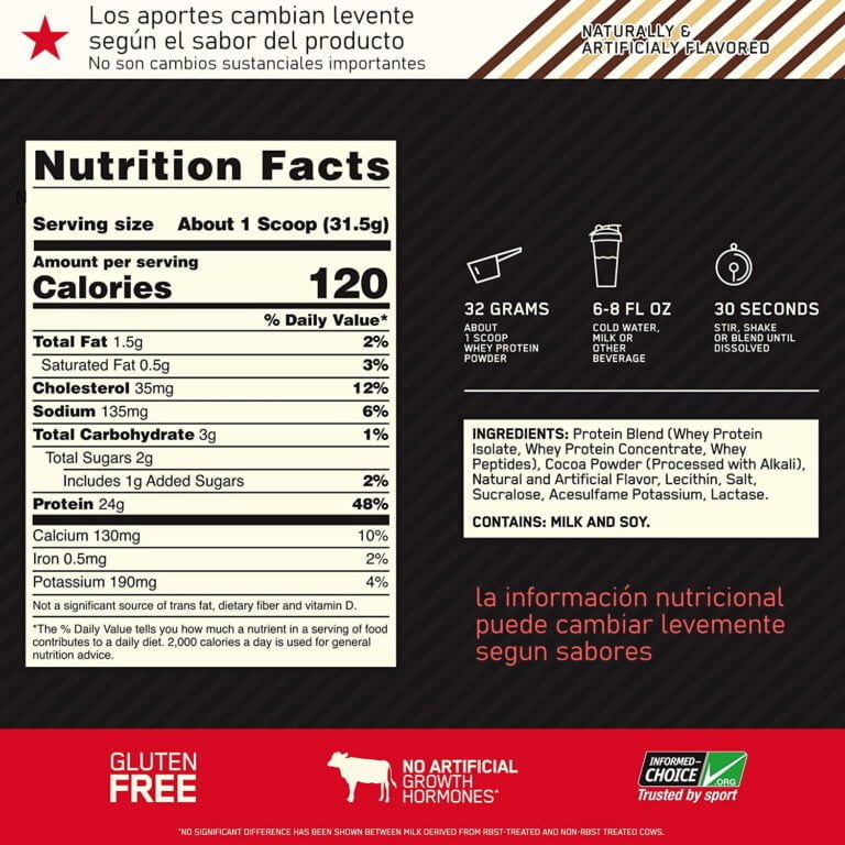 Información nutricional de la Whey Gold de Optimum Nutrition