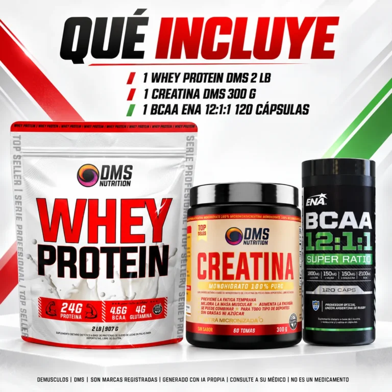 Qué incluye el combo: Whey DMS, Creatina DMS y BCAA 12:1:1 de ENA Sport