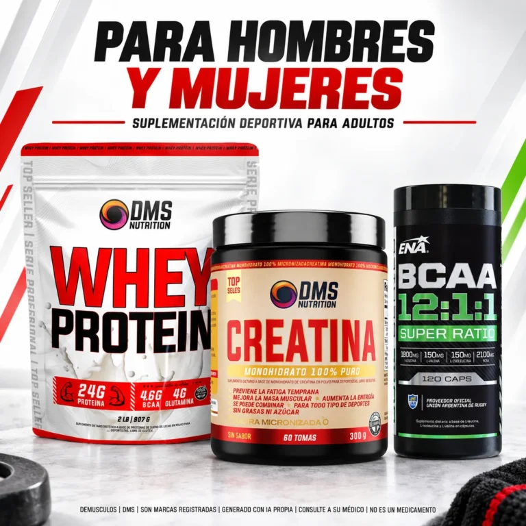 Combo Whey DMS, Creatina DMS y BCAA ENA para hombres y mujeres