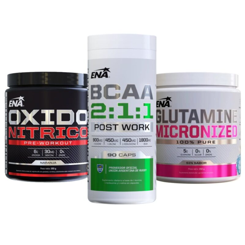 Glutamina 150 grs + Bcaa 2:1:1 + Óxido Nítrico Ena Sport