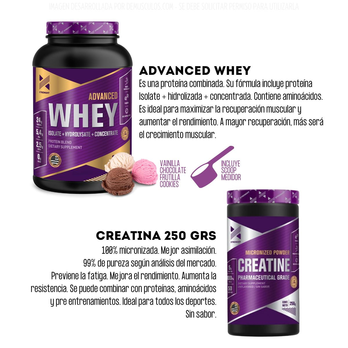 Combo: Creatina 250 grs de Xtrenght + 2 Proteínas Advanced Whey de la misma marca