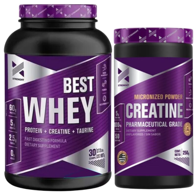 Creatina 250 grs de Xtrenght + Best Whey 2 lbs de Xtrenght, combo ideal para aumento de masa muscular y rendimiento