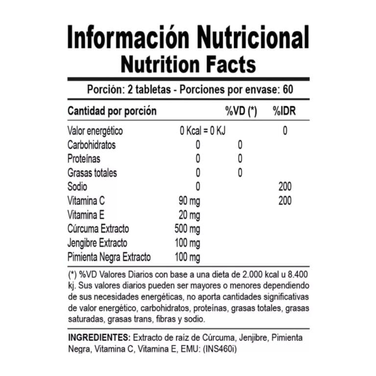Información nutricional de Curcuma y Jengibre de Genetic Sport